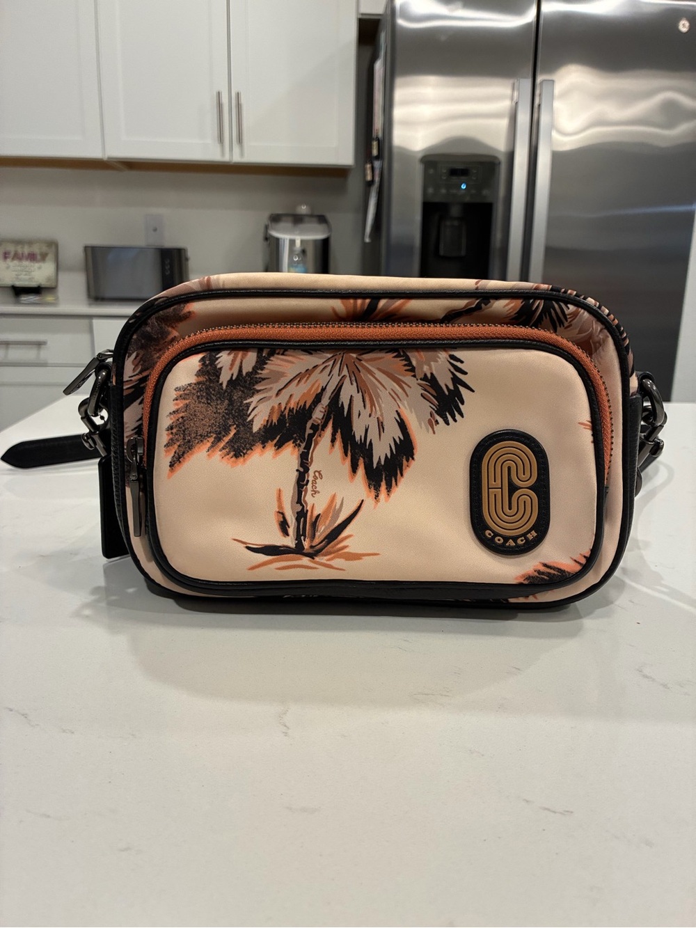 Coach Peach and Black Palm-Print Crossbody Belt Bag